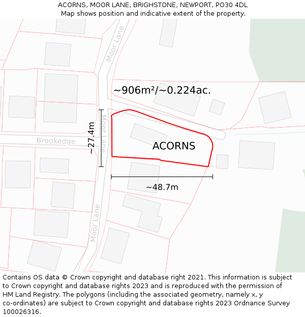 ACORNS, MOOR LANE, BRIGHSTONE, NEWPORT, PO30 4DL: Plot and title map