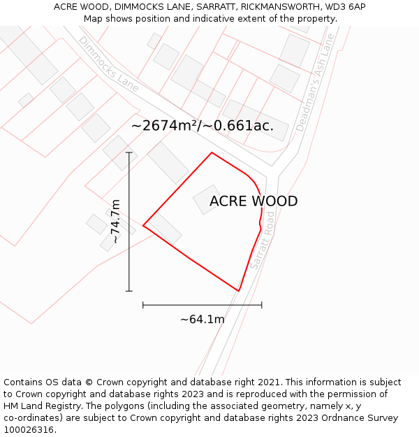 ACRE WOOD, DIMMOCKS LANE, SARRATT, RICKMANSWORTH, WD3 6AP: Plot and title map