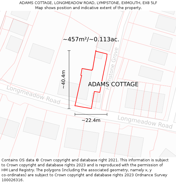 ADAMS COTTAGE, LONGMEADOW ROAD, LYMPSTONE, EXMOUTH, EX8 5LF: Plot and title map