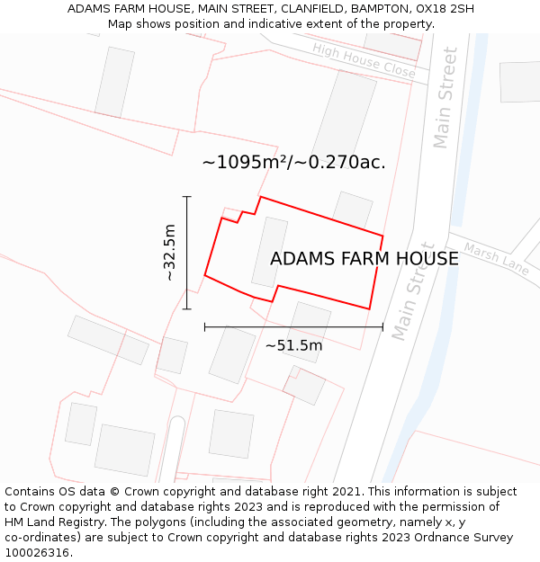 ADAMS FARM HOUSE, MAIN STREET, CLANFIELD, BAMPTON, OX18 2SH: Plot and title map