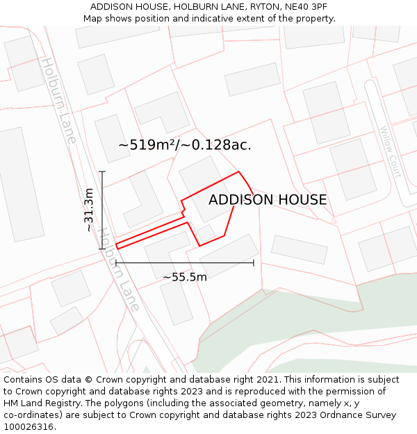 ADDISON HOUSE, HOLBURN LANE, RYTON, NE40 3PF: Plot and title map