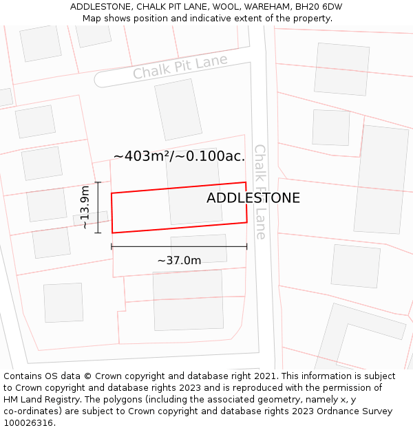 ADDLESTONE, CHALK PIT LANE, WOOL, WAREHAM, BH20 6DW: Plot and title map