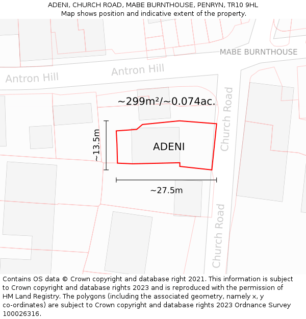 ADENI, CHURCH ROAD, MABE BURNTHOUSE, PENRYN, TR10 9HL: Plot and title map