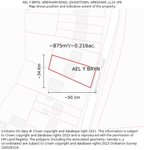 AEL Y BRYN, WREXHAM ROAD, JOHNSTOWN, WREXHAM, LL14 1PE: Plot and title map