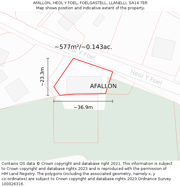 AFALLON, HEOL Y FOEL, FOELGASTELL, LLANELLI, SA14 7ER: Plot and title map