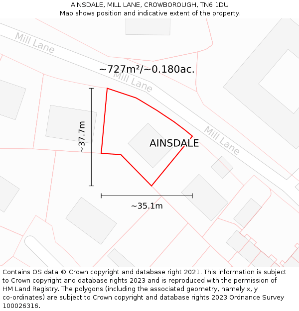 AINSDALE, MILL LANE, CROWBOROUGH, TN6 1DU: Plot and title map