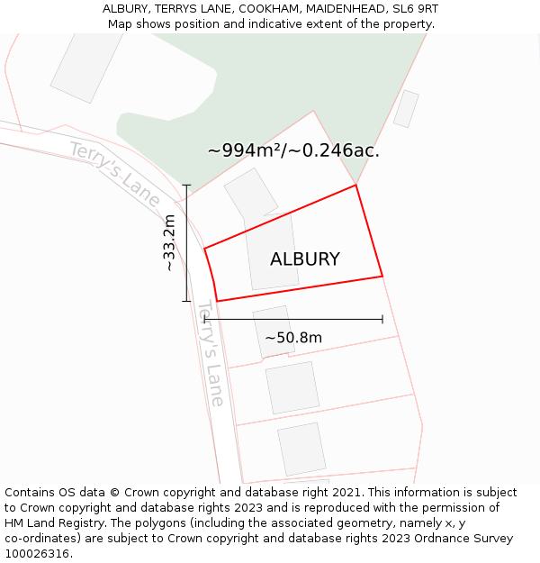 ALBURY, TERRYS LANE, COOKHAM, MAIDENHEAD, SL6 9RT: Plot and title map