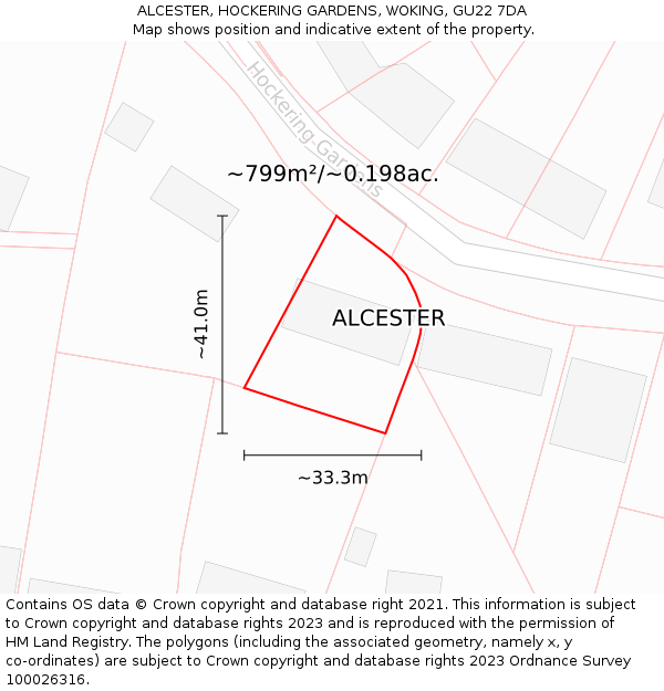 ALCESTER, HOCKERING GARDENS, WOKING, GU22 7DA: Plot and title map