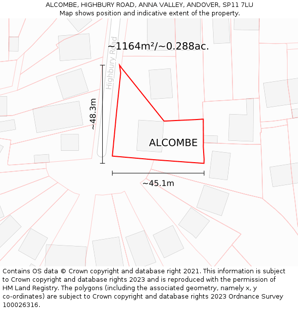 ALCOMBE, HIGHBURY ROAD, ANNA VALLEY, ANDOVER, SP11 7LU: Plot and title map