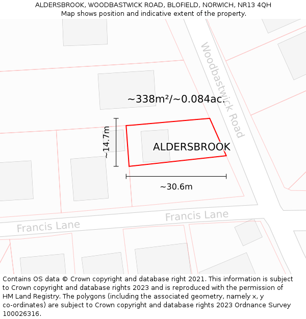 ALDERSBROOK, WOODBASTWICK ROAD, BLOFIELD, NORWICH, NR13 4QH: Plot and title map