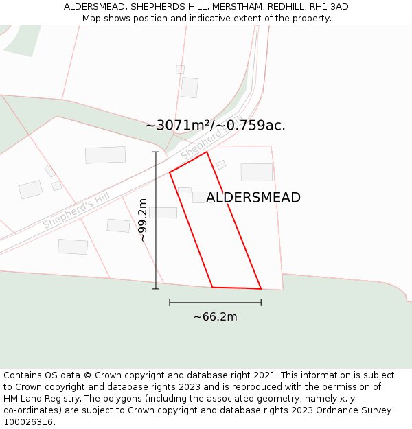 ALDERSMEAD, SHEPHERDS HILL, MERSTHAM, REDHILL, RH1 3AD: Plot and title map