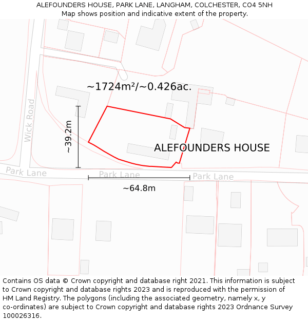ALEFOUNDERS HOUSE, PARK LANE, LANGHAM, COLCHESTER, CO4 5NH: Plot and title map