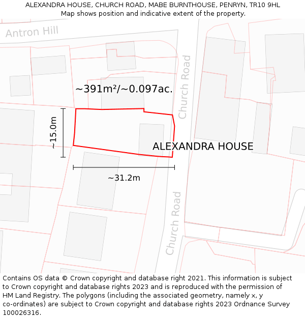 ALEXANDRA HOUSE, CHURCH ROAD, MABE BURNTHOUSE, PENRYN, TR10 9HL: Plot and title map