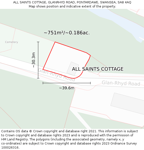 ALL SAINTS COTTAGE, GLANRHYD ROAD, PONTARDAWE, SWANSEA, SA8 4AQ: Plot and title map