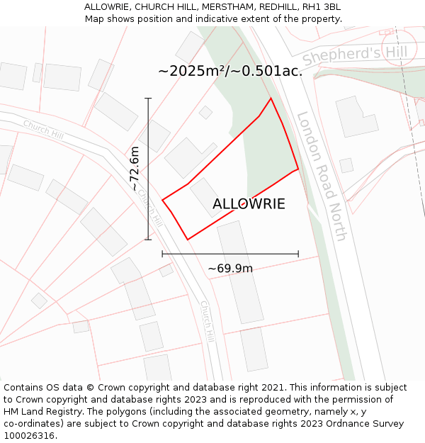 ALLOWRIE, CHURCH HILL, MERSTHAM, REDHILL, RH1 3BL: Plot and title map
