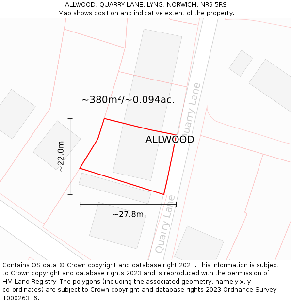 ALLWOOD, QUARRY LANE, LYNG, NORWICH, NR9 5RS: Plot and title map