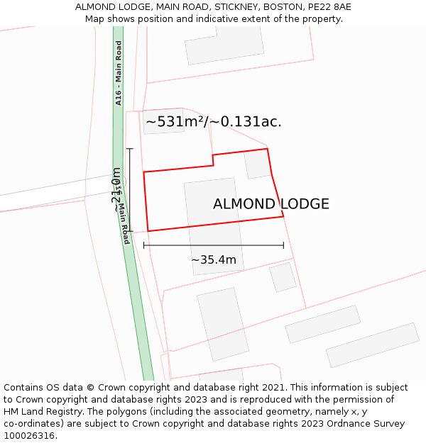 ALMOND LODGE, MAIN ROAD, STICKNEY, BOSTON, PE22 8AE: Plot and title map