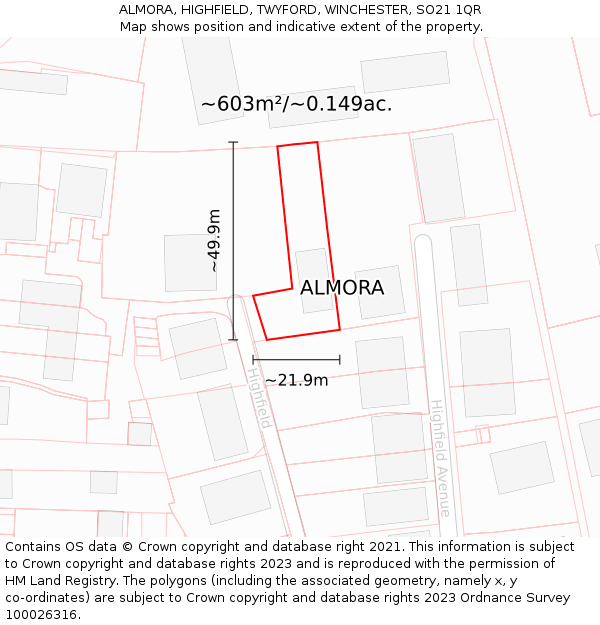 ALMORA, HIGHFIELD, TWYFORD, WINCHESTER, SO21 1QR: Plot and title map