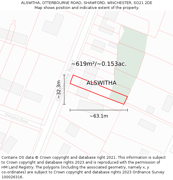 ALSWITHA, OTTERBOURNE ROAD, SHAWFORD, WINCHESTER, SO21 2DE: Plot and title map