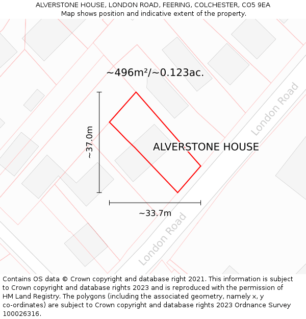 ALVERSTONE HOUSE, LONDON ROAD, FEERING, COLCHESTER, CO5 9EA: Plot and title map