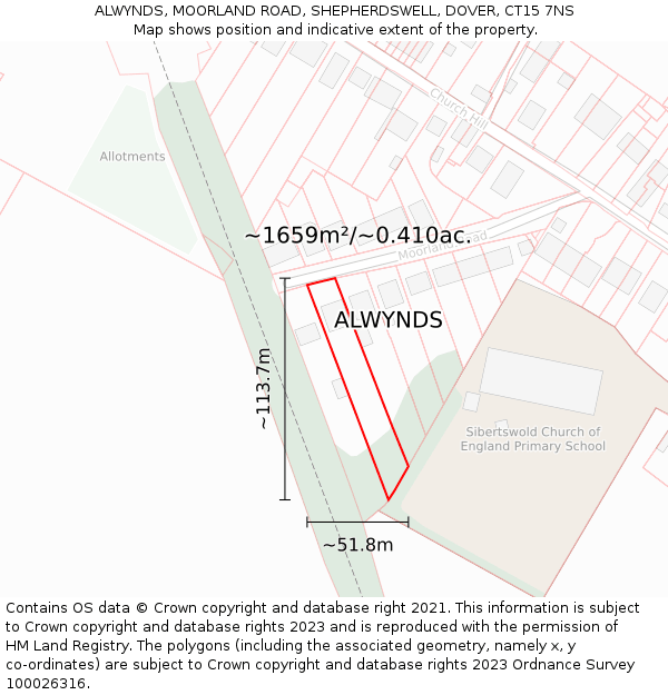 ALWYNDS, MOORLAND ROAD, SHEPHERDSWELL, DOVER, CT15 7NS: Plot and title map