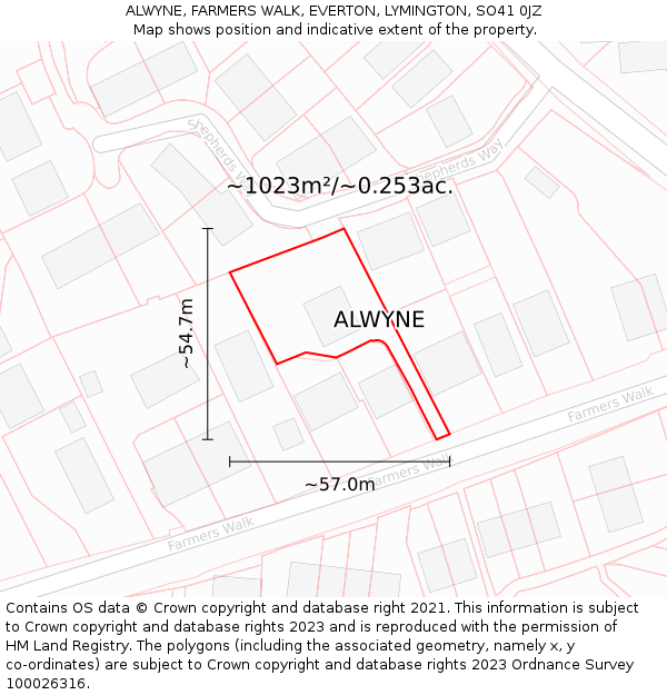 ALWYNE, FARMERS WALK, EVERTON, LYMINGTON, SO41 0JZ: Plot and title map