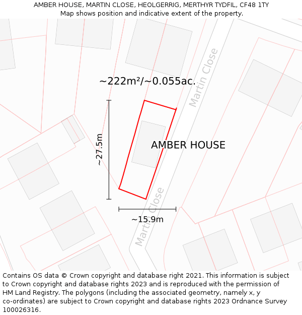 AMBER HOUSE, MARTIN CLOSE, HEOLGERRIG, MERTHYR TYDFIL, CF48 1TY: Plot and title map