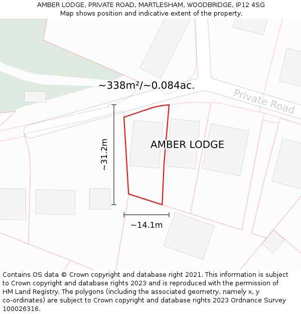AMBER LODGE, PRIVATE ROAD, MARTLESHAM, WOODBRIDGE, IP12 4SG: Plot and title map