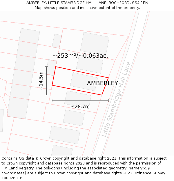 AMBERLEY, LITTLE STAMBRIDGE HALL LANE, ROCHFORD, SS4 1EN: Plot and title map