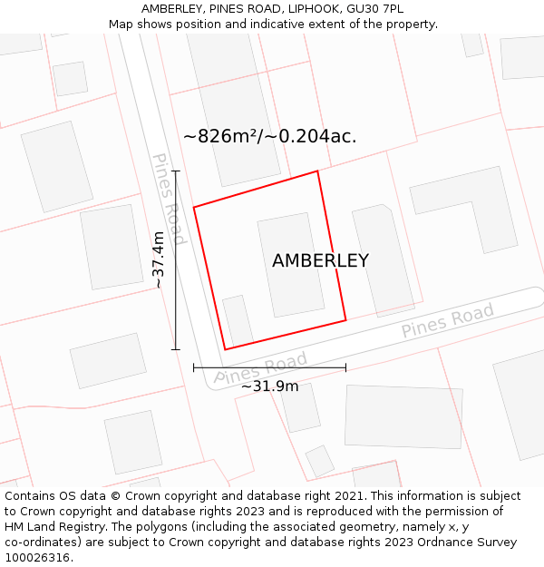 AMBERLEY, PINES ROAD, LIPHOOK, GU30 7PL: Plot and title map