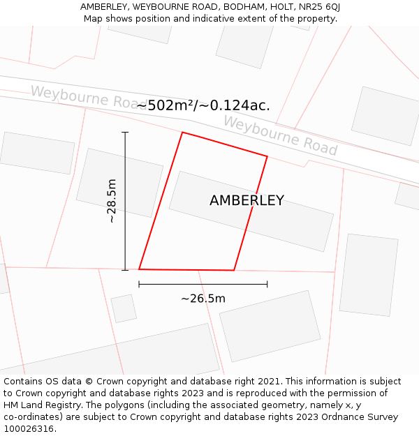 AMBERLEY, WEYBOURNE ROAD, BODHAM, HOLT, NR25 6QJ: Plot and title map