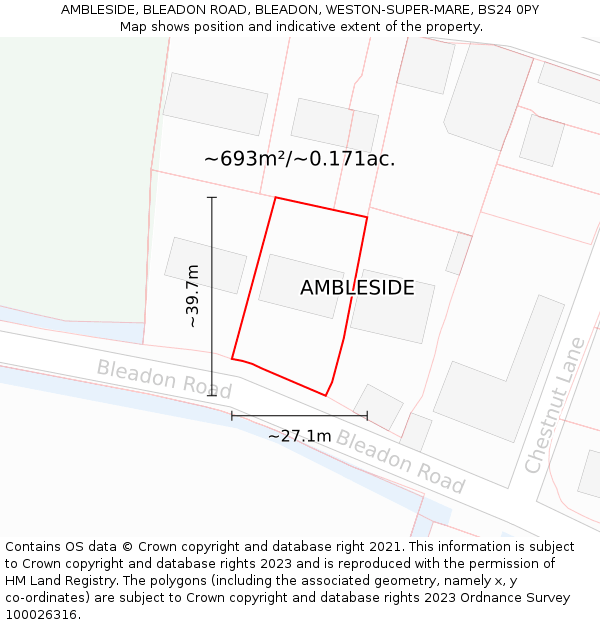 AMBLESIDE, BLEADON ROAD, BLEADON, WESTON-SUPER-MARE, BS24 0PY: Plot and title map