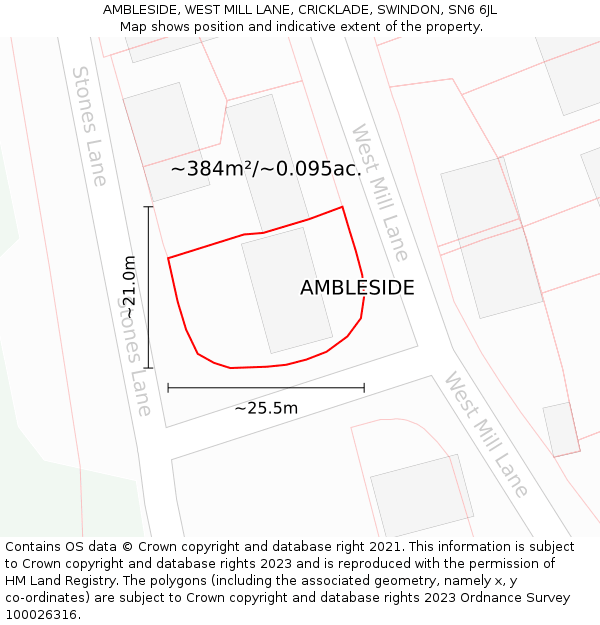 AMBLESIDE, WEST MILL LANE, CRICKLADE, SWINDON, SN6 6JL: Plot and title map