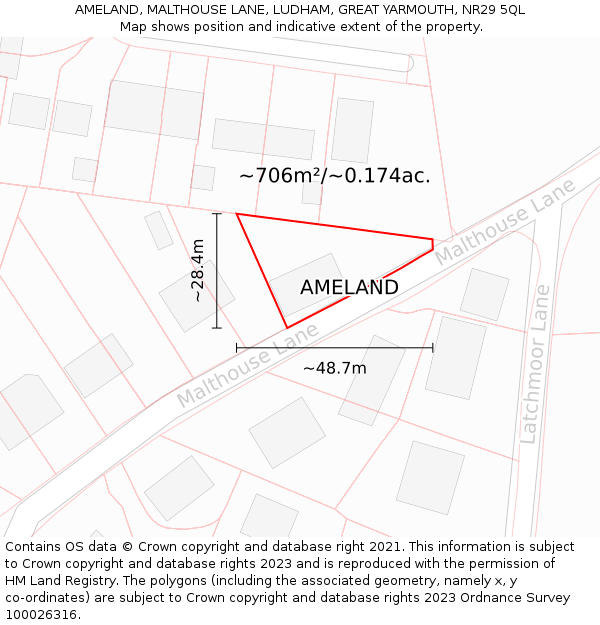 AMELAND, MALTHOUSE LANE, LUDHAM, GREAT YARMOUTH, NR29 5QL: Plot and title map