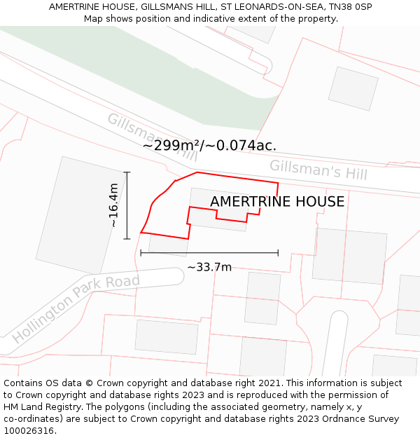 AMERTRINE HOUSE, GILLSMANS HILL, ST LEONARDS-ON-SEA, TN38 0SP: Plot and title map