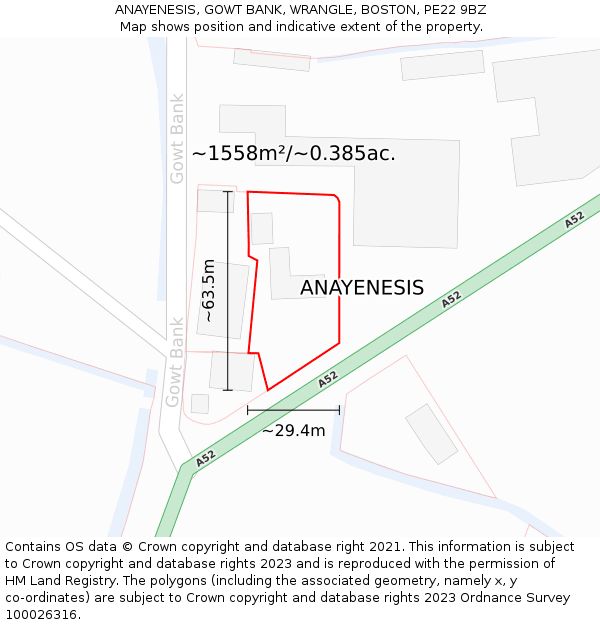 ANAYENESIS, GOWT BANK, WRANGLE, BOSTON, PE22 9BZ: Plot and title map