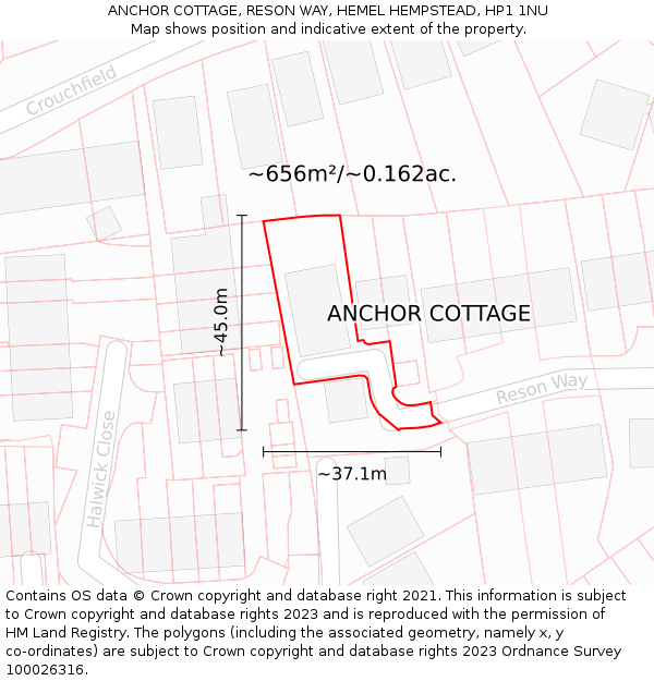 ANCHOR COTTAGE, RESON WAY, HEMEL HEMPSTEAD, HP1 1NU: Plot and title map