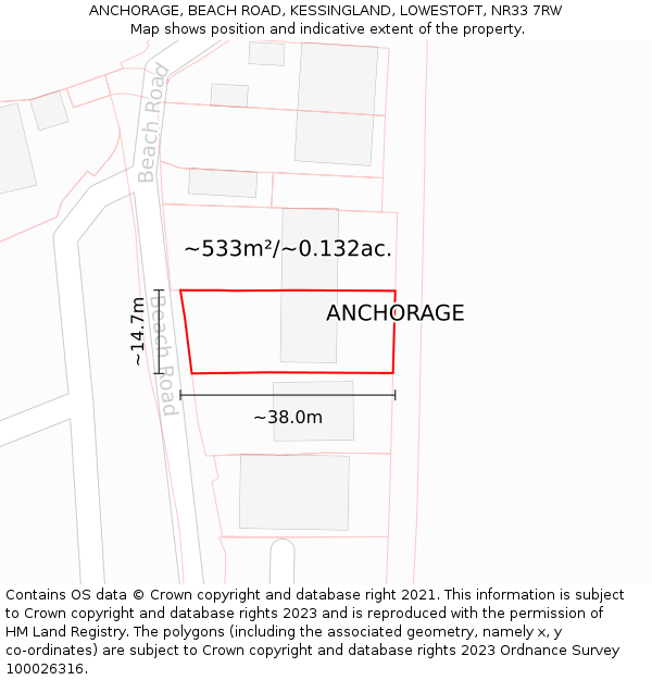 ANCHORAGE, BEACH ROAD, KESSINGLAND, LOWESTOFT, NR33 7RW: Plot and title map