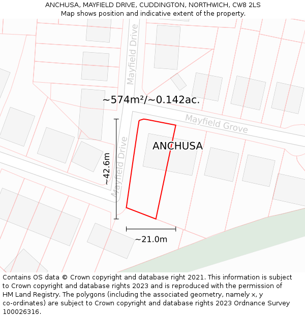 ANCHUSA, MAYFIELD DRIVE, CUDDINGTON, NORTHWICH, CW8 2LS: Plot and title map