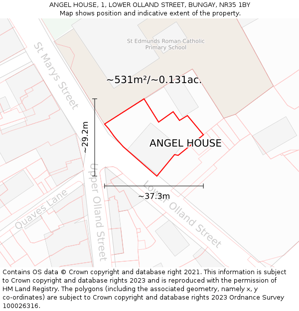 ANGEL HOUSE, 1, LOWER OLLAND STREET, BUNGAY, NR35 1BY: Plot and title map