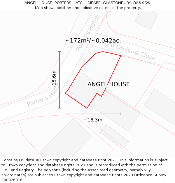 ANGEL HOUSE, PORTERS HATCH, MEARE, GLASTONBURY, BA6 9SW: Plot and title map