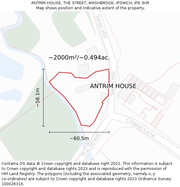 ANTRIM HOUSE, THE STREET, WASHBROOK, IPSWICH, IP8 3HR: Plot and title map