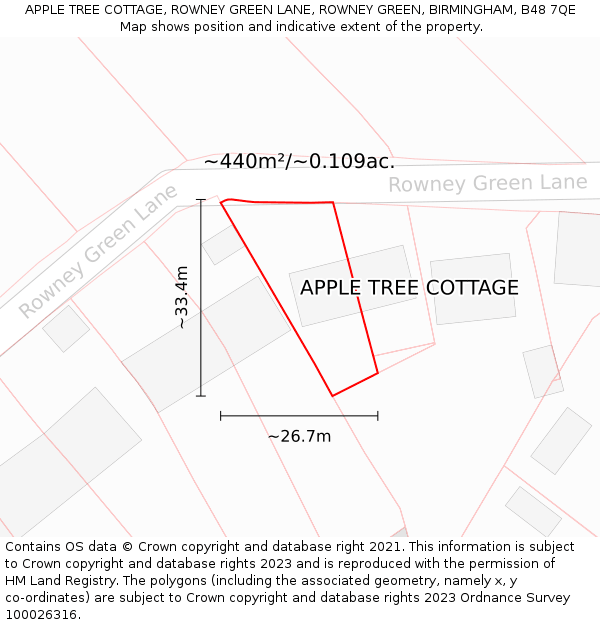 APPLE TREE COTTAGE, ROWNEY GREEN LANE, ROWNEY GREEN, BIRMINGHAM, B48 7QE: Plot and title map