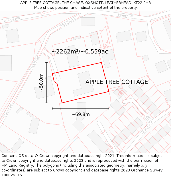 APPLE TREE COTTAGE, THE CHASE, OXSHOTT, LEATHERHEAD, KT22 0HR: Plot and title map