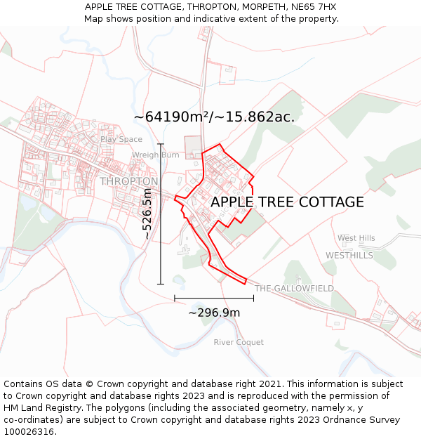 APPLE TREE COTTAGE, THROPTON, MORPETH, NE65 7HX: Plot and title map