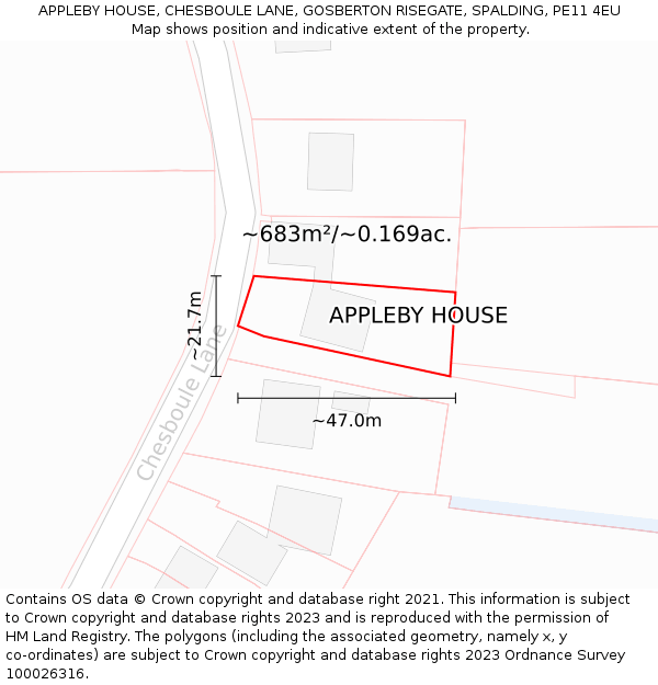 APPLEBY HOUSE, CHESBOULE LANE, GOSBERTON RISEGATE, SPALDING, PE11 4EU: Plot and title map