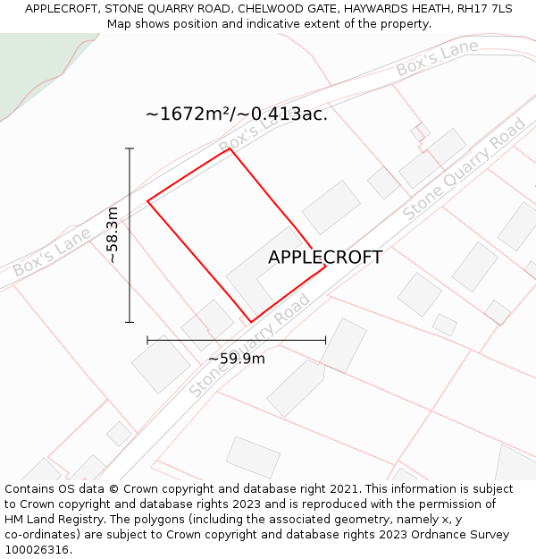 APPLECROFT, STONE QUARRY ROAD, CHELWOOD GATE, HAYWARDS HEATH, RH17 7LS: Plot and title map