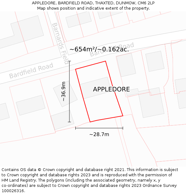 APPLEDORE, BARDFIELD ROAD, THAXTED, DUNMOW, CM6 2LP: Plot and title map