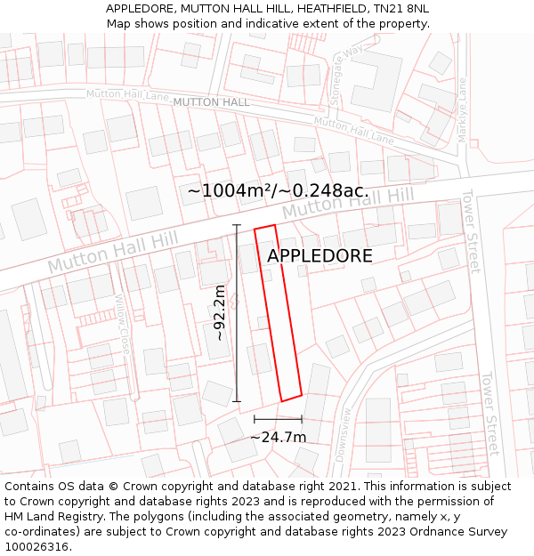 APPLEDORE, MUTTON HALL HILL, HEATHFIELD, TN21 8NL: Plot and title map