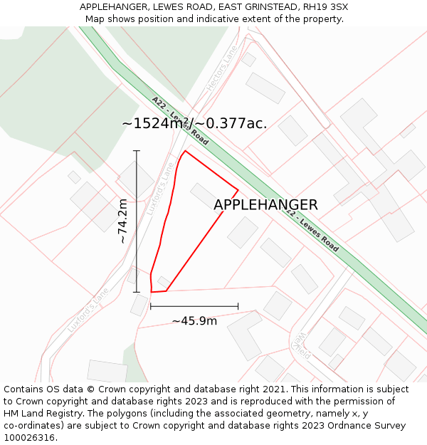 APPLEHANGER, LEWES ROAD, EAST GRINSTEAD, RH19 3SX: Plot and title map